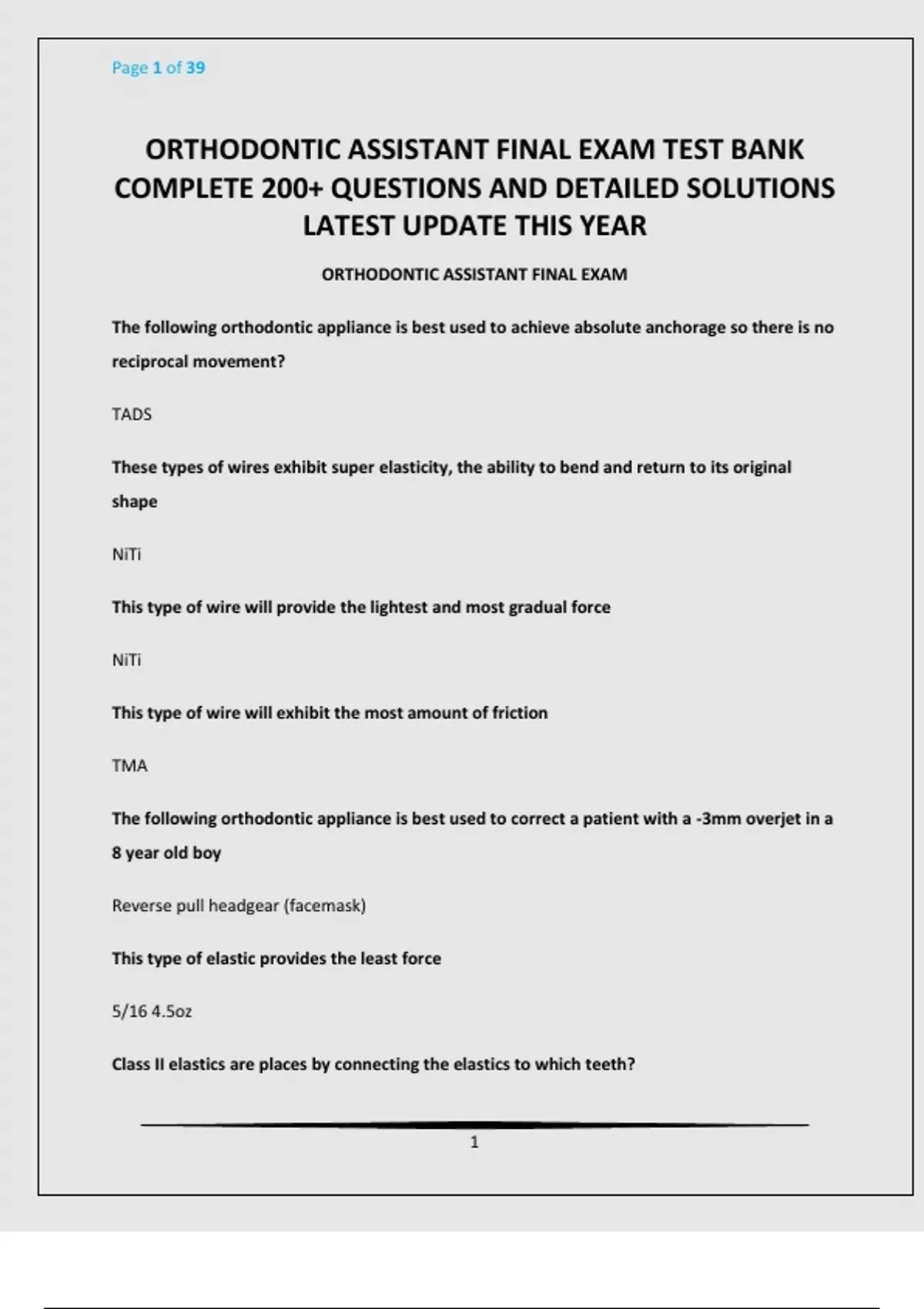 ORTHODONTIC ASSISTANT FINAL EXAM TEST BANK COMPLETE 200+ QUESTIONS AND ...