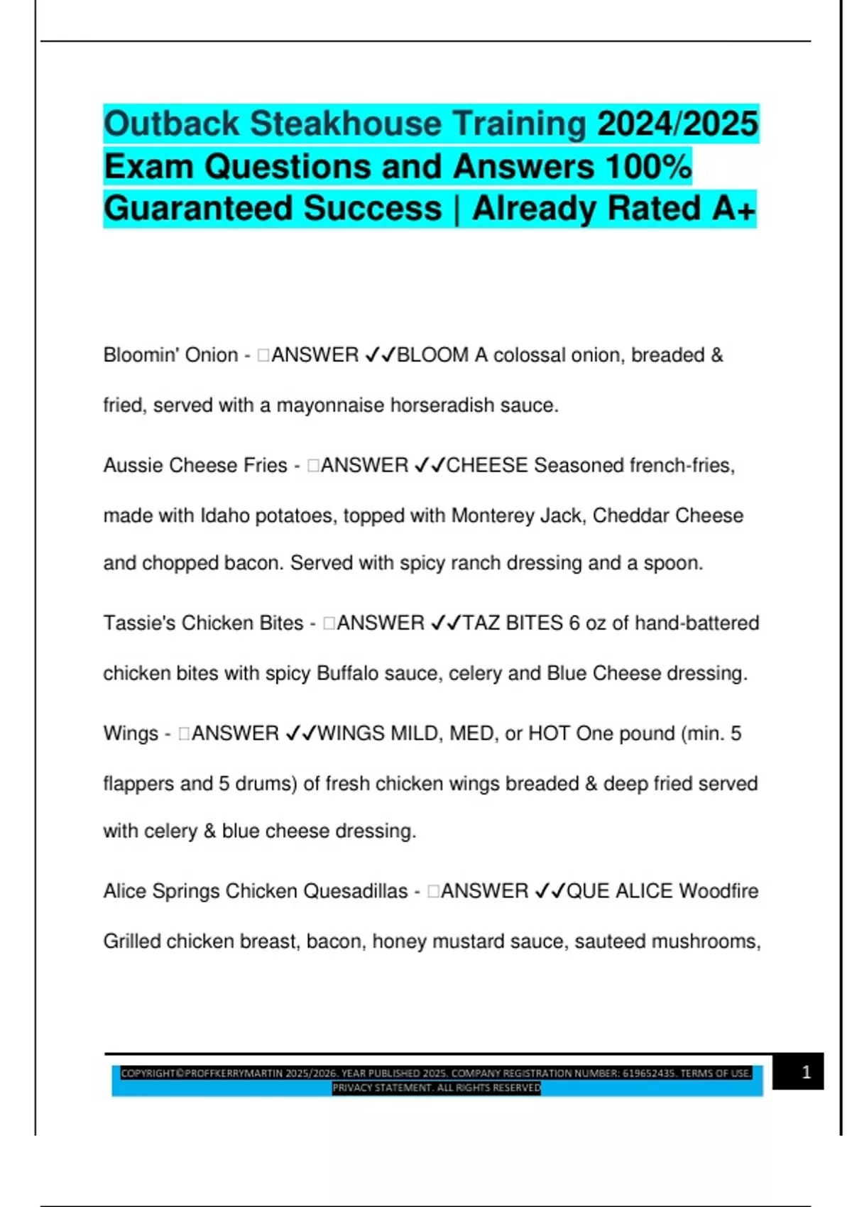 Outback Cook Training Outback Steakhouse Training 2024/2025 Exam Questions and Answers 100% ...