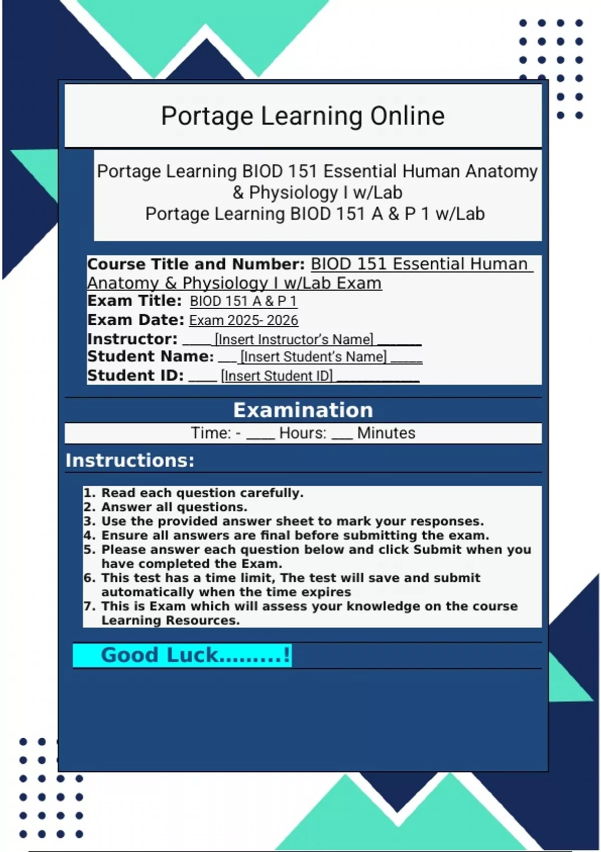 Final Exam Portage Learning BIOD 151 Anatomy and Physiology 1 w/Lab ...