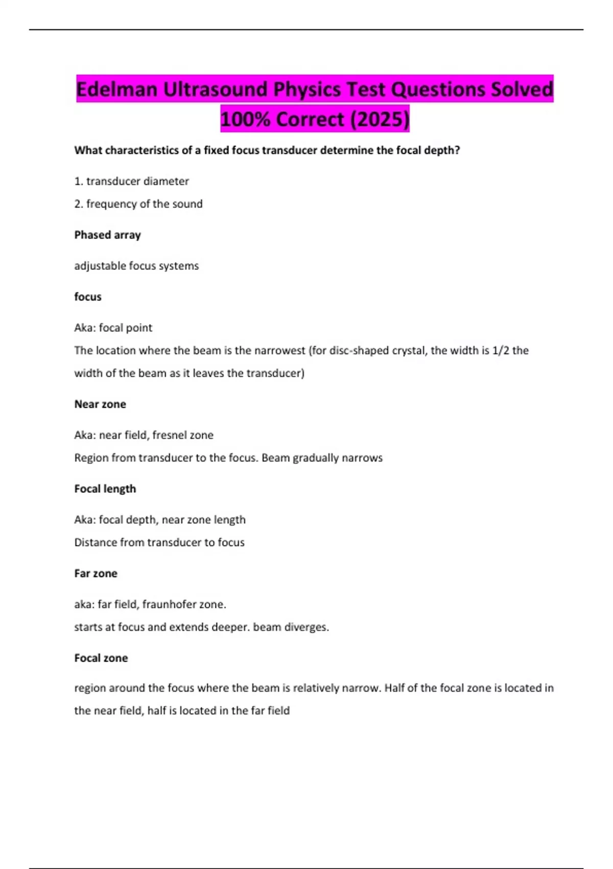 Positive Edelman Test Edelman Ultrasound Physics Test Questions Solved 100% Correct (2025 ...