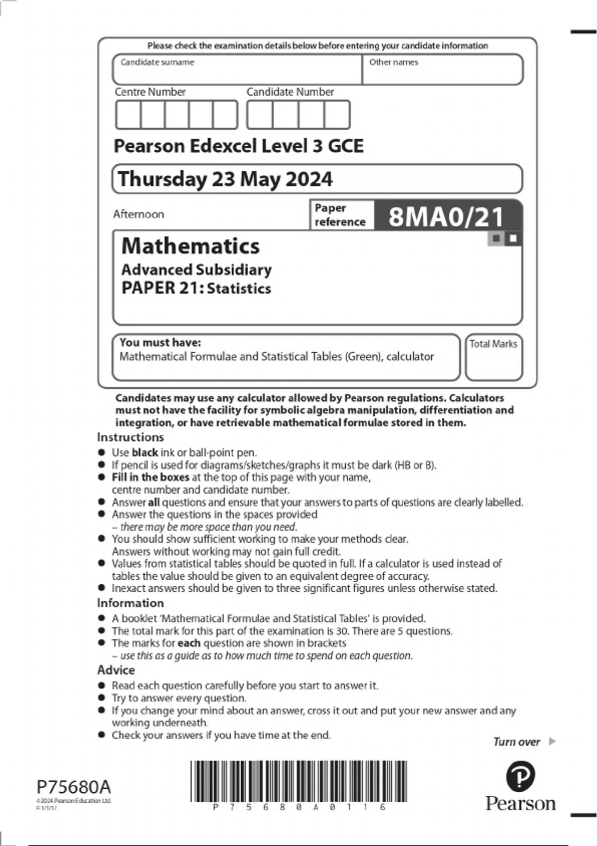 Pearson Edexcel Level 3 GCE Mathematics Advanced Subsidiary PAPER 21 ...