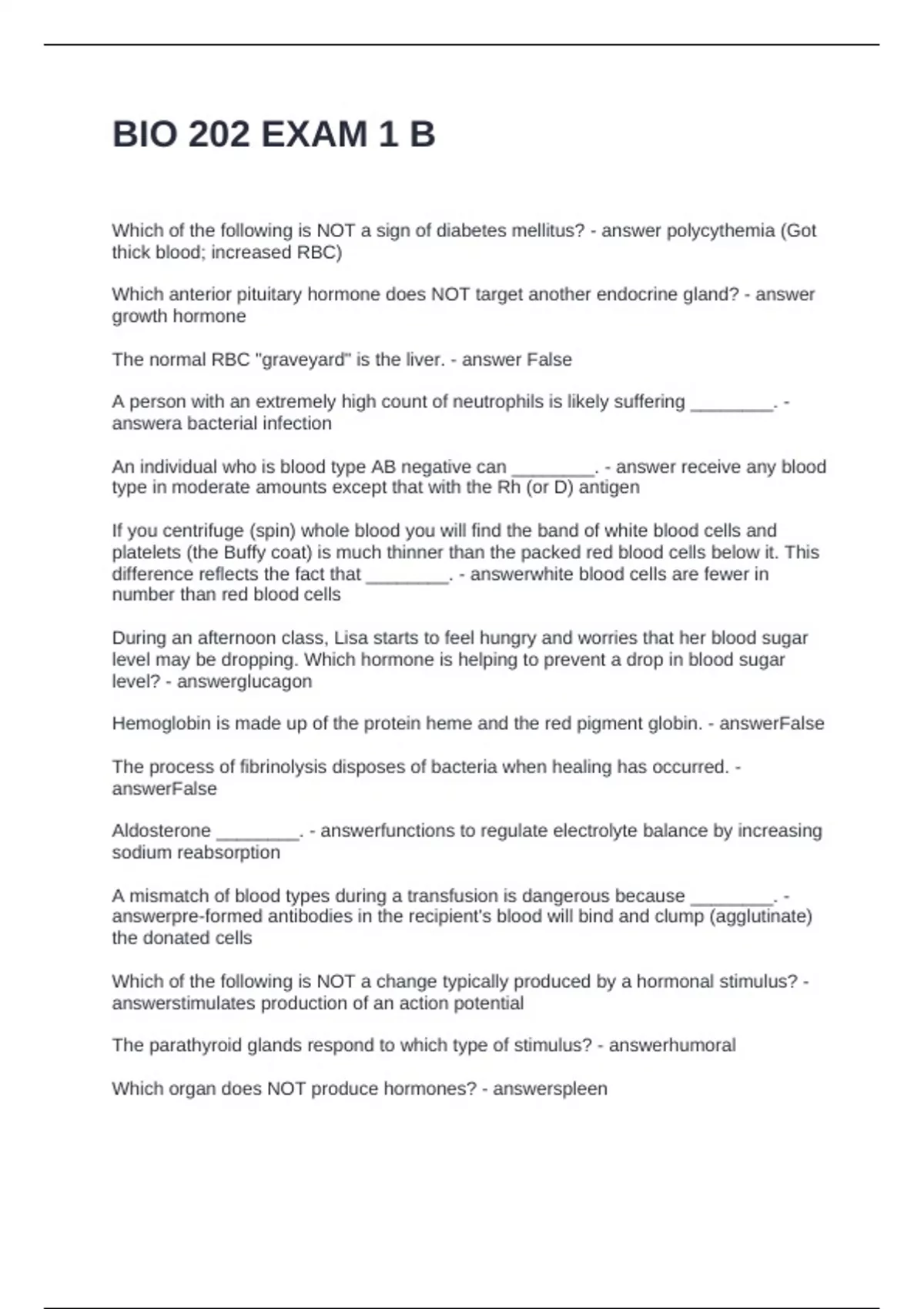 BIO 202 EXAM 1 B QUESTIONS AND ANSWERS 100% SOLVED - BIO 202 - Stuvia US