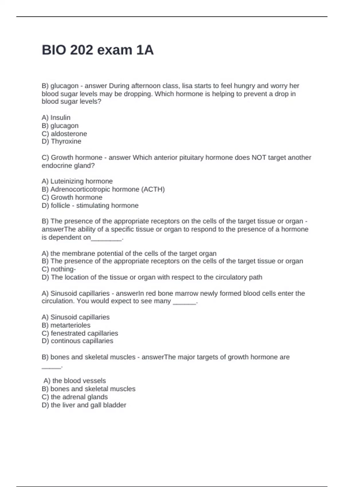 BIO 202 exam 1A Questions with Solutions - BIO 202 - Stuvia US