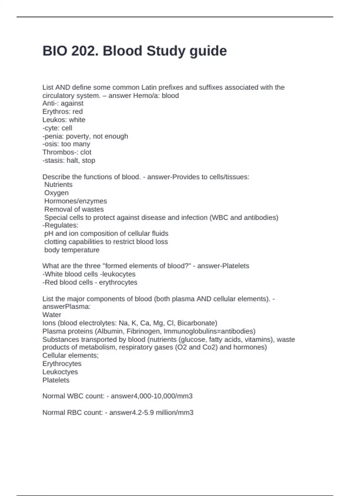 BIO 202. Blood Study guide Questions and Answers 2025 - BIO 202 - Stuvia US