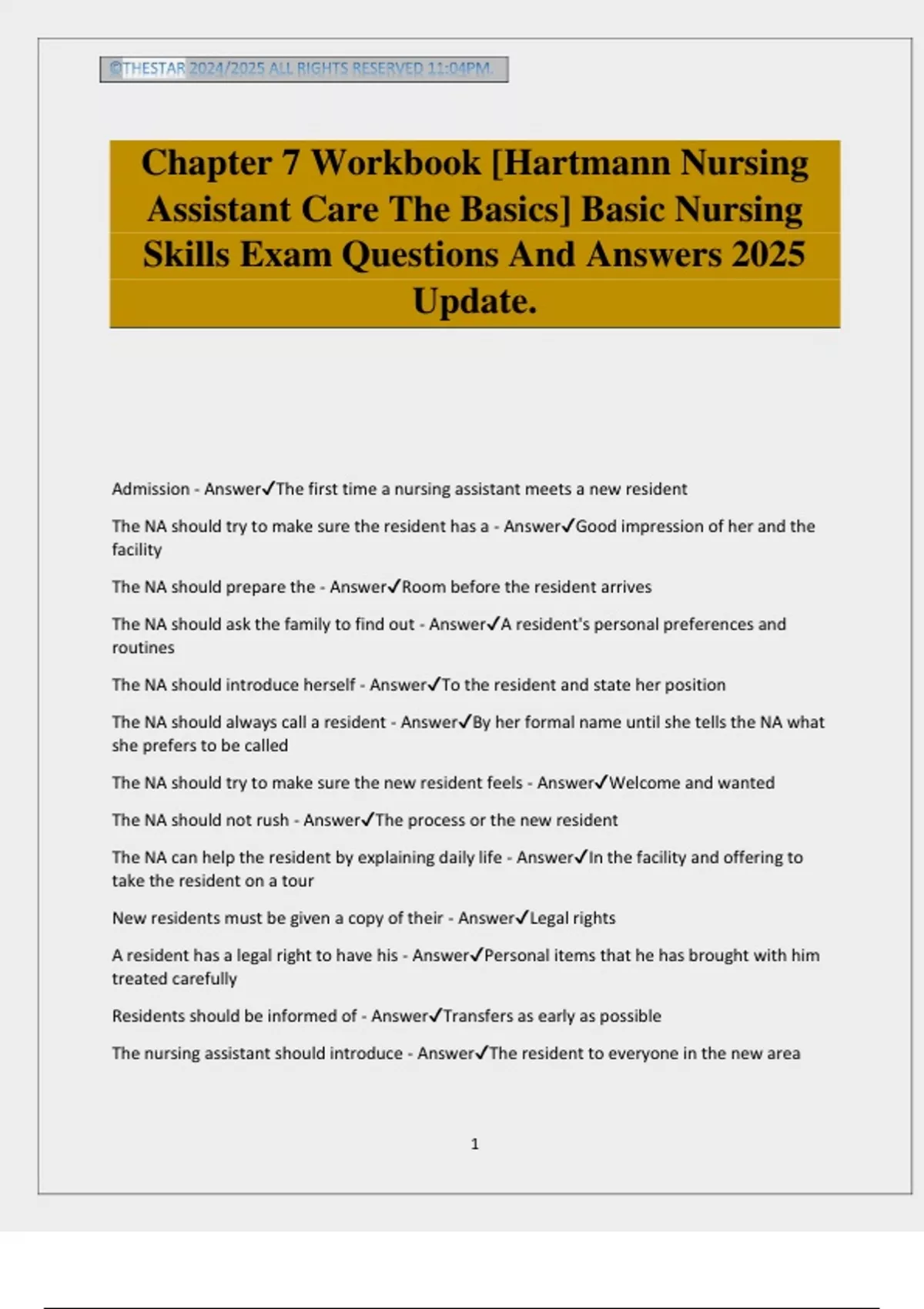 Chapter 7 Workbook [Hartmann Nursing Assistant Care The Basics] Basic ...
