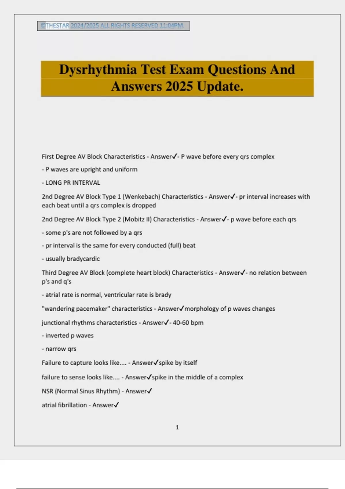 Dysrhythmia Test Exam Questions And Answers 2025 Update. - Dysrhythmia ...
