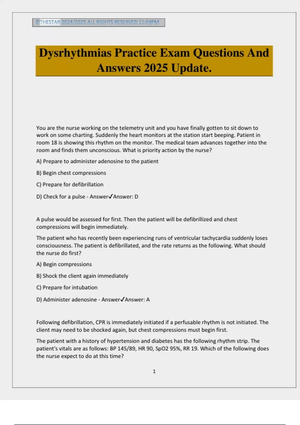 Dysrhythmias Practice Exam Questions And Answers 2025 Update ...