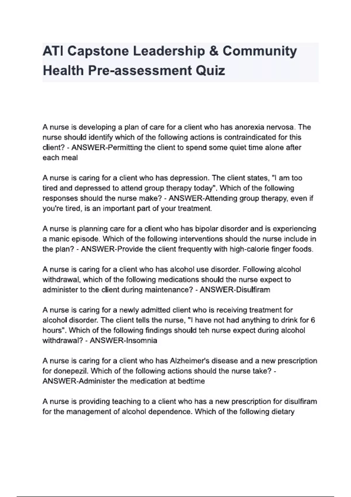 ATI Capstone Leadership &amp; Community Health Pre-assessment Questions and answers. - ATI RN ...