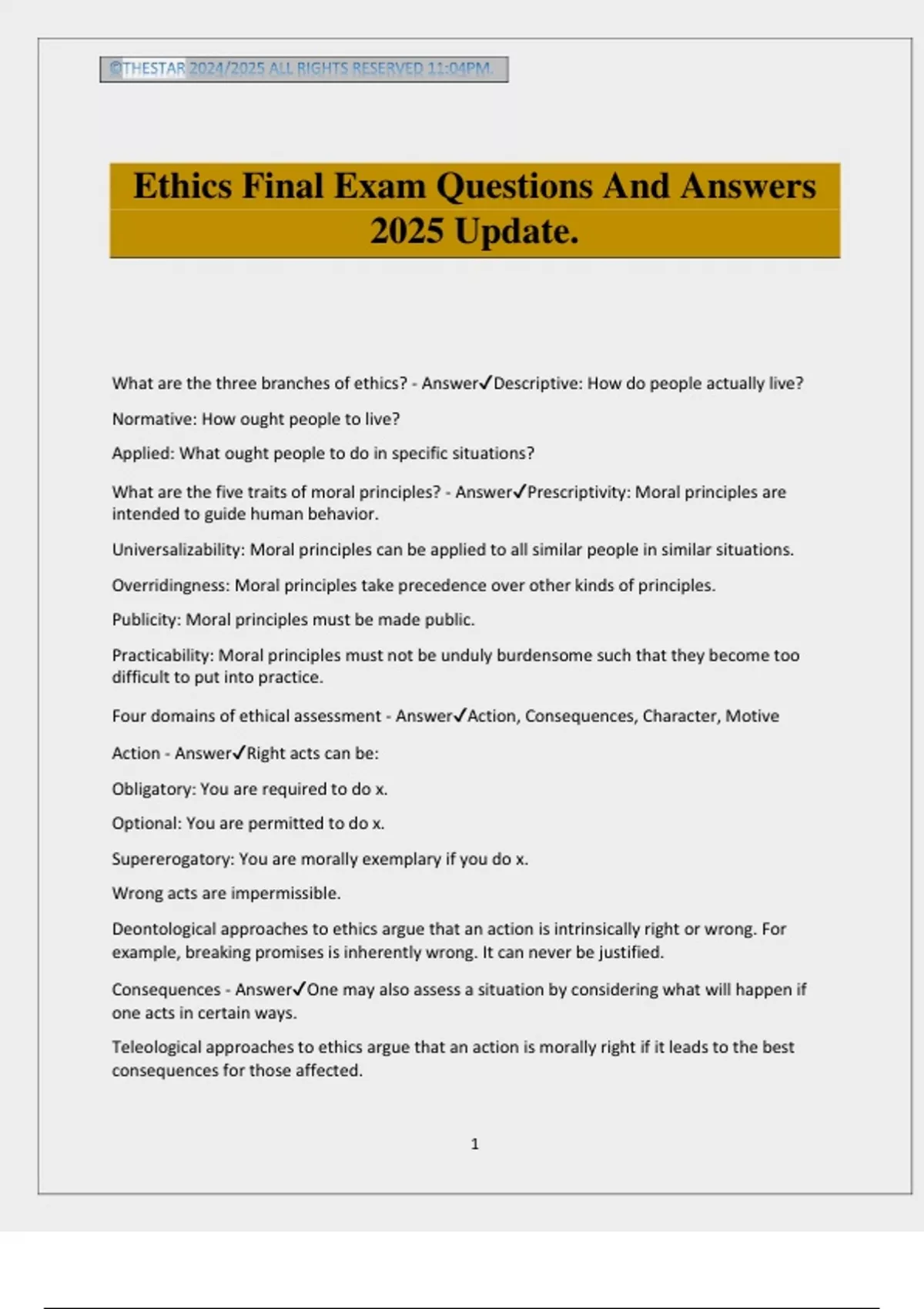 Ethics Final Exam Questions And Answers 2025 Update. - Ethics - Stuvia US