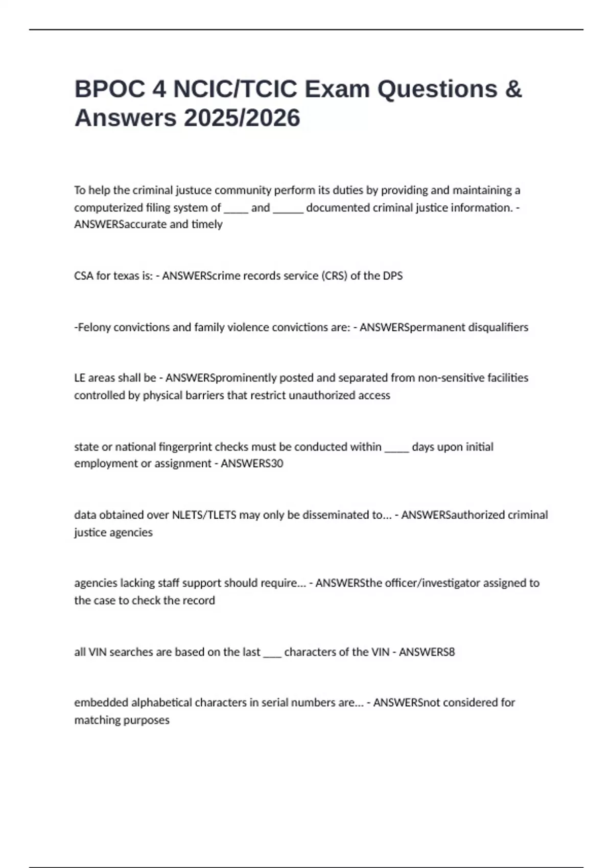 BPOC 4 NCIC/TCIC Exam Questions & Answers 2025/2026 - BPOC 4 NCIC/TCIC ...