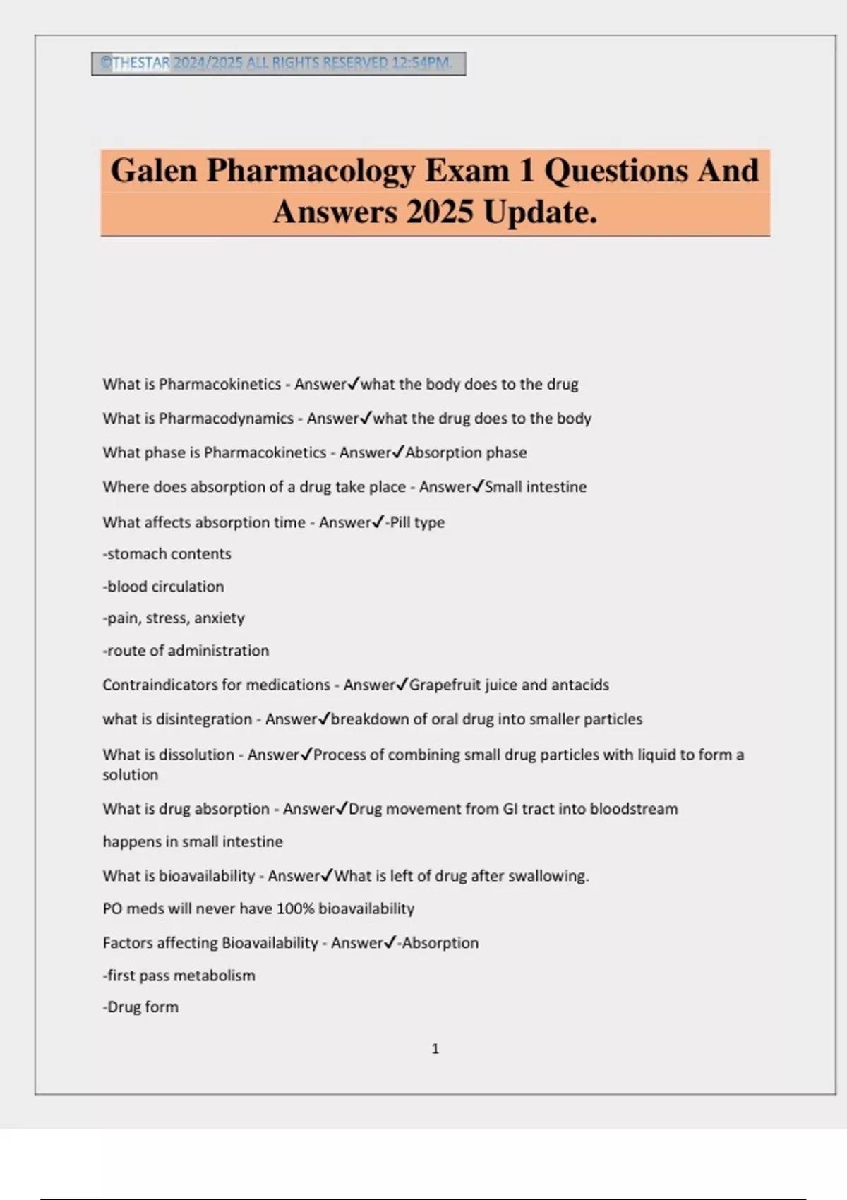 Galen Pharmacology Exam 1 Questions And Answers 2025 Update. - Galen Pharmacology - Stuvia US