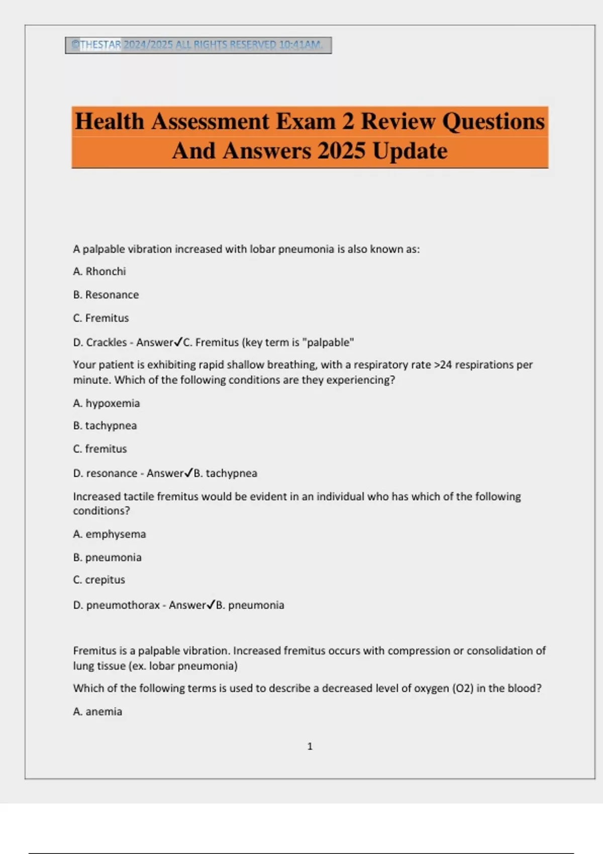 Health Assessment Exam 2 Review Questions And Answers 2025 Update ...