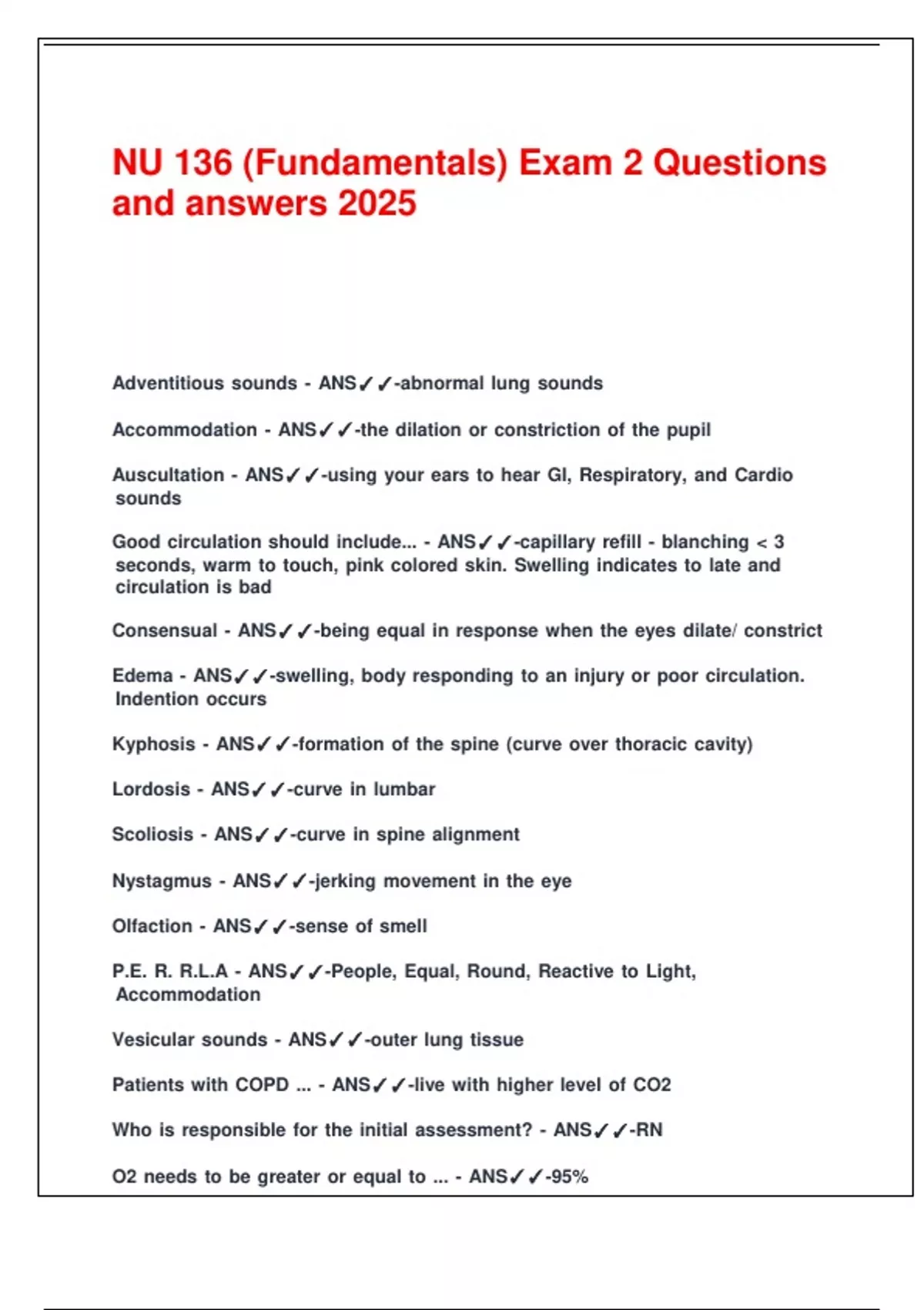 NU 136 (Fundamentals) Exam 2 Questions and answers 2025. - NU 136 ...