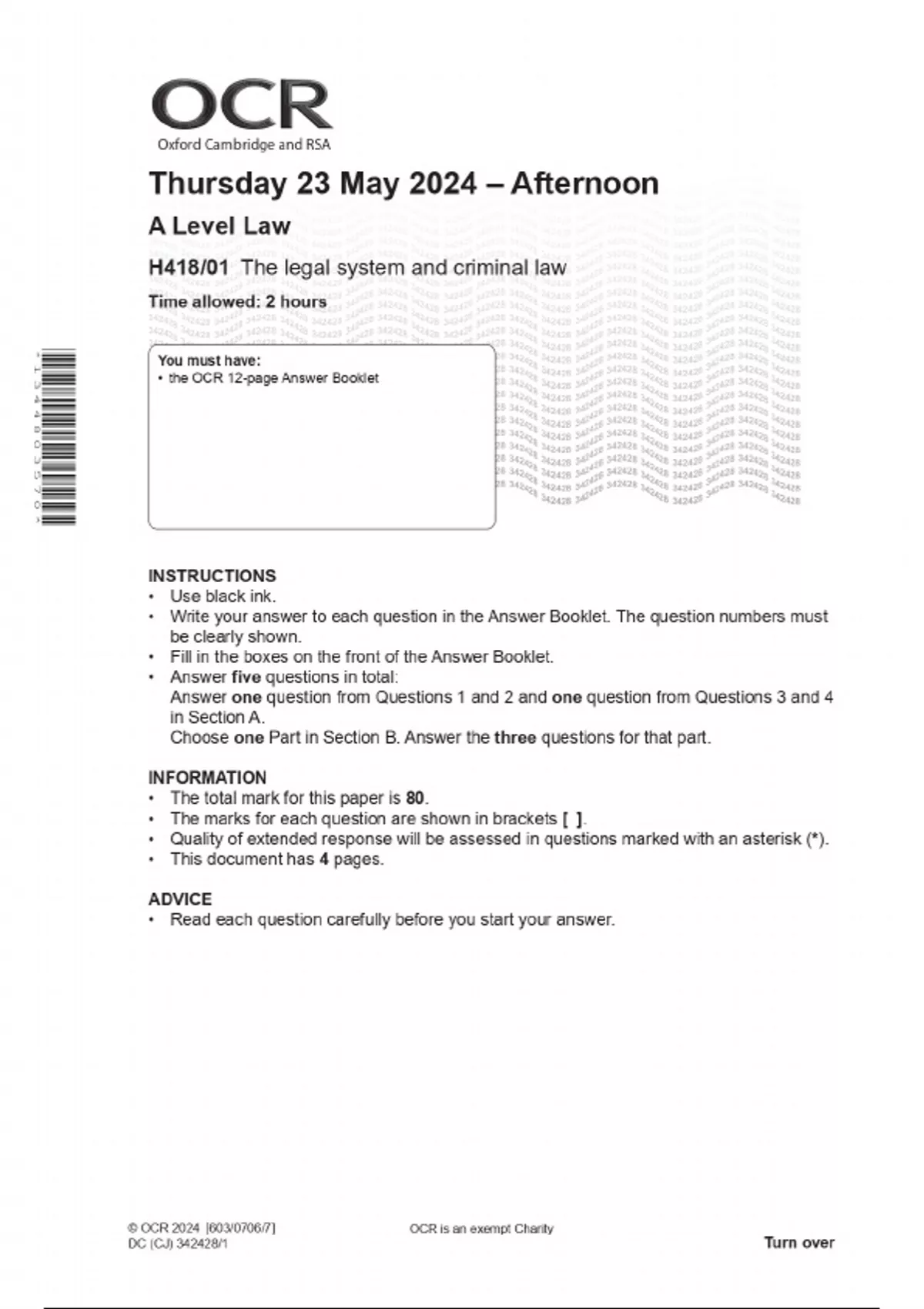 Ocr A Level Law H418 01 The Legal System And Criminal Law May 2024