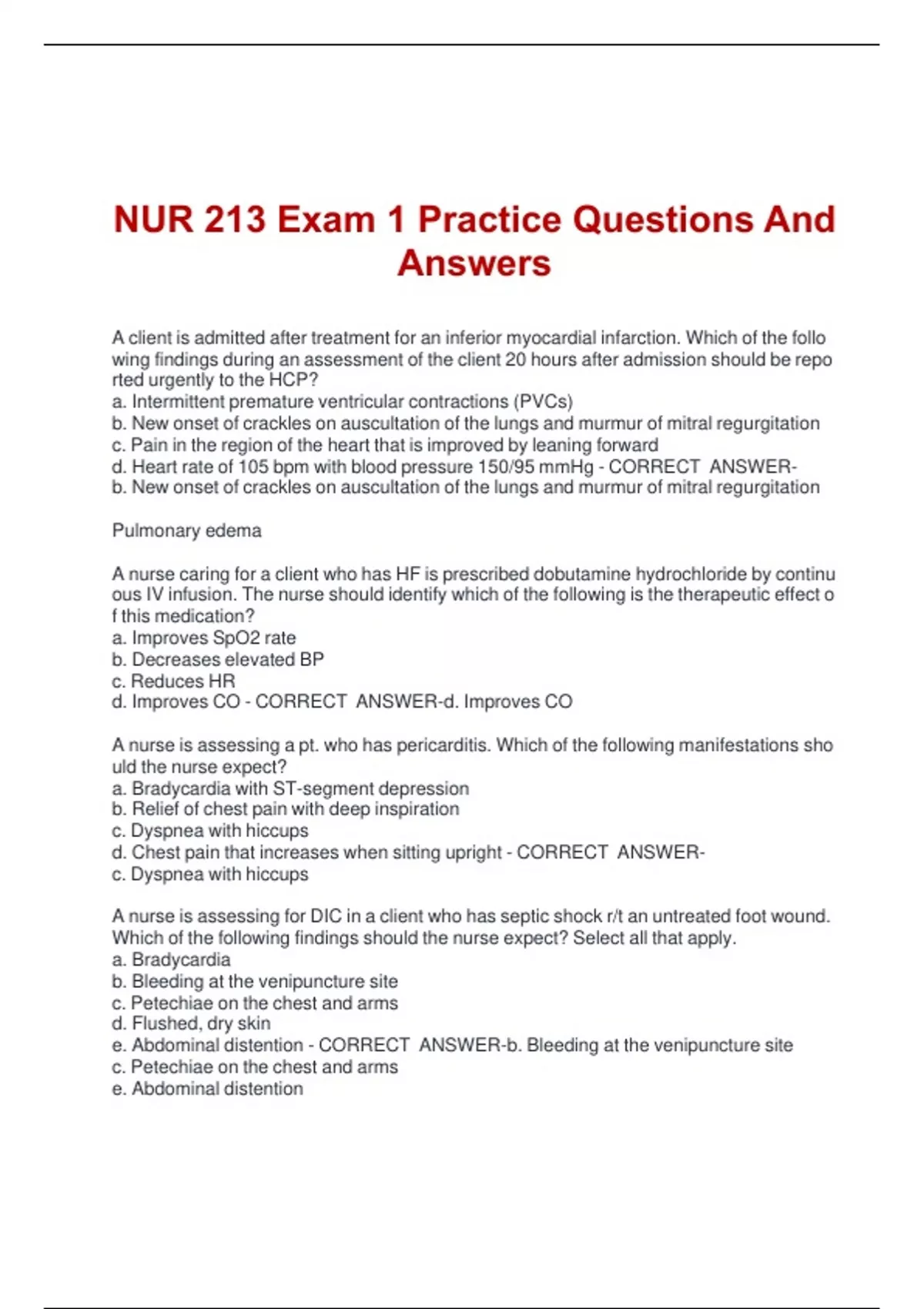NUR 213 Exam 1 Practice Questions And Answers - NUR 213 - Stuvia US