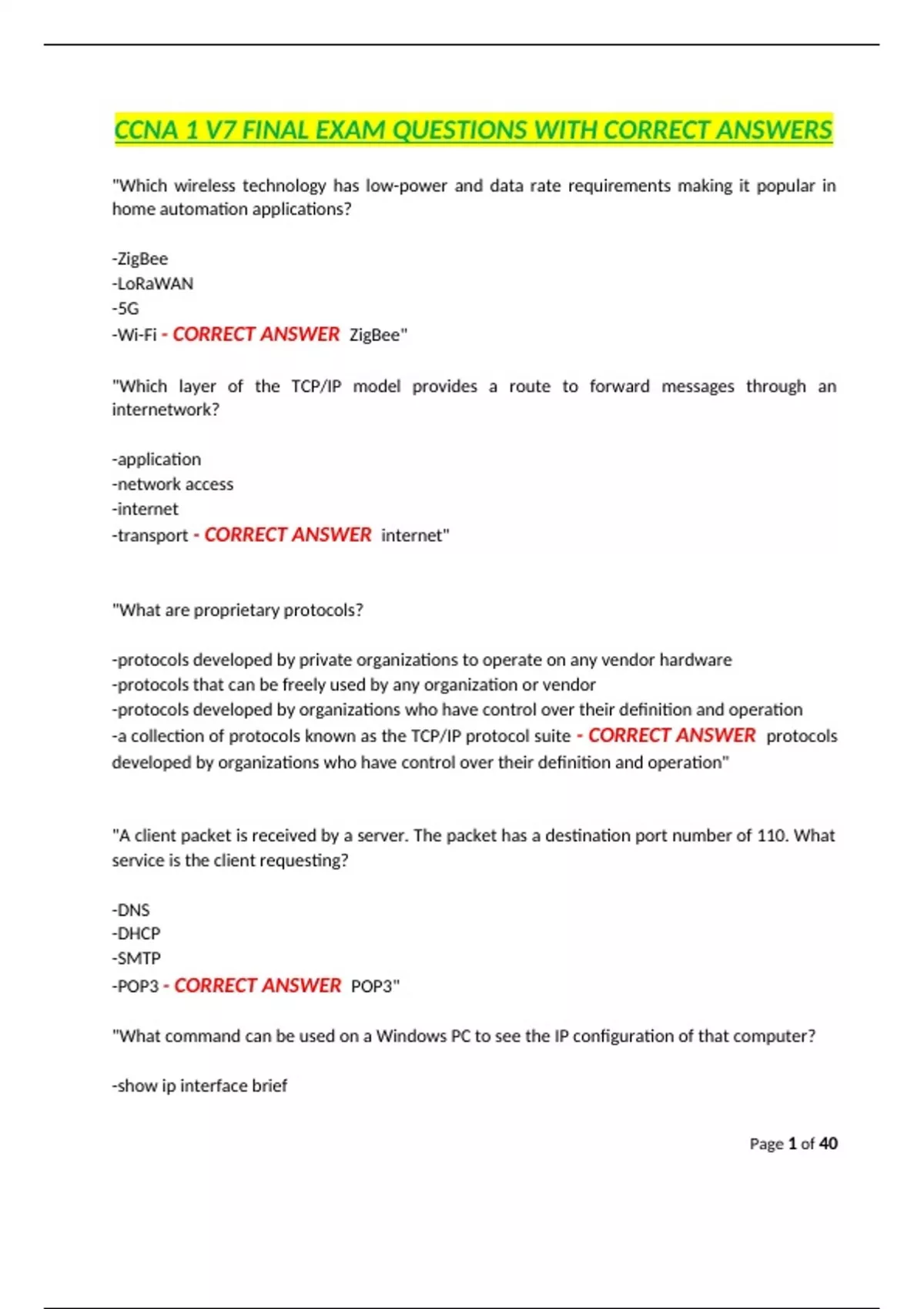 CCNA 1 V7 FINAL EXAM QUESTIONS WITH CORRECT ANSWERS - CCNA - Cisco ...