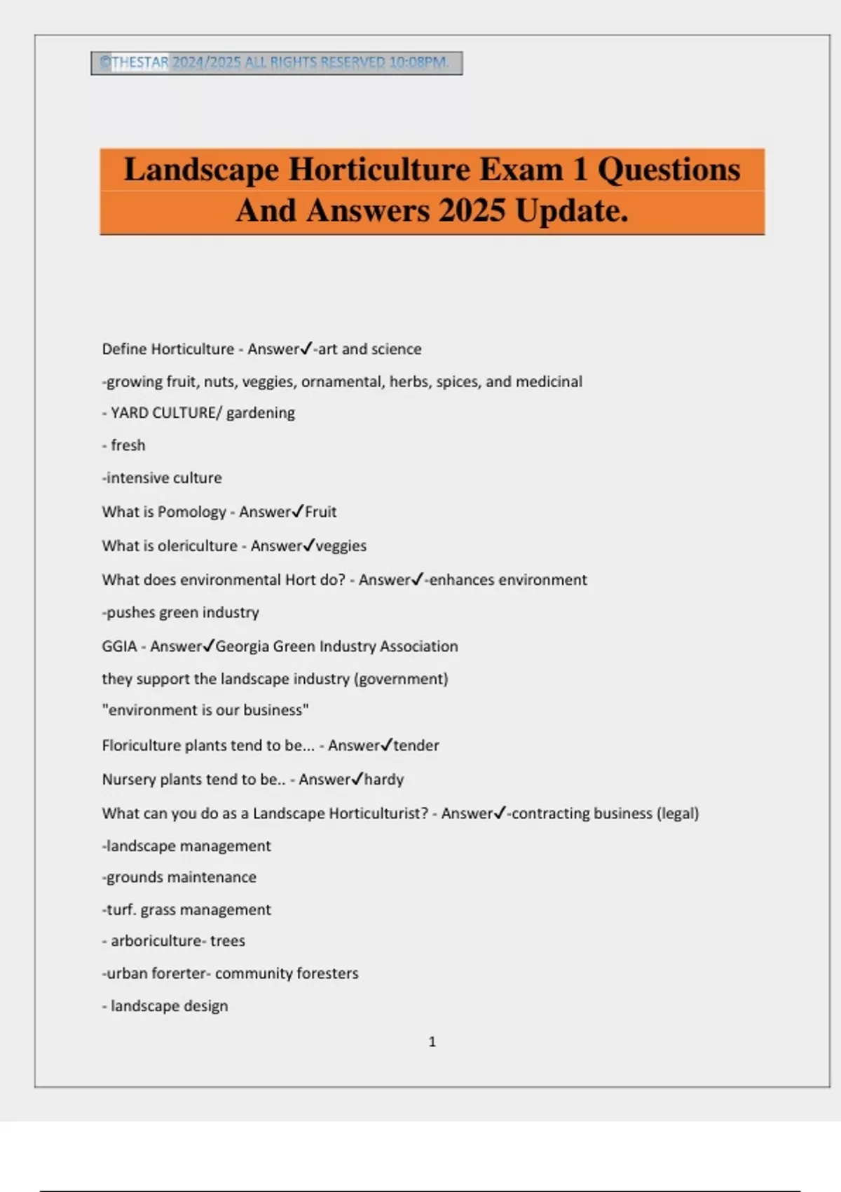 Landscape Horticulture Exam 1 Questions And Answers 2025 Update - Landscape Horticulture - Stuvia US