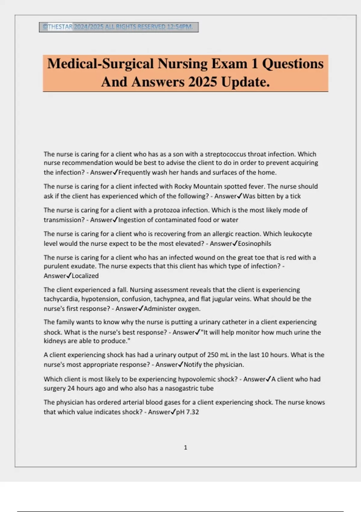 Medical-Surgical Nursing Exam 1 Questions And Answers 2025 Update ...
