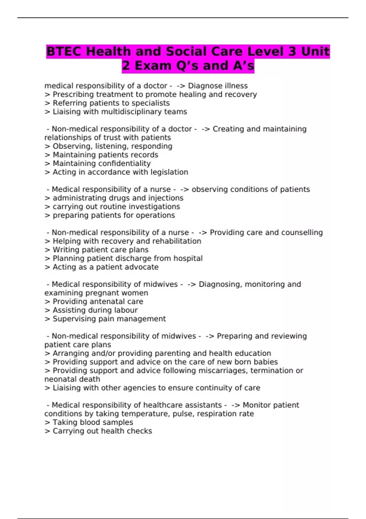 BTEC Level 3 Health and Social Care Unit 2 Exam Questions and Answers ...