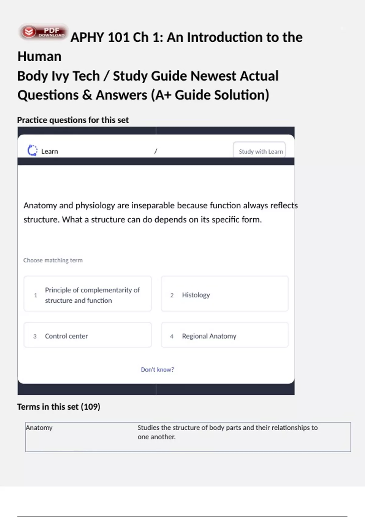 APHY 101 Ch 1: An Introduction to the Human Body Ivy Tech / Study Guide ...