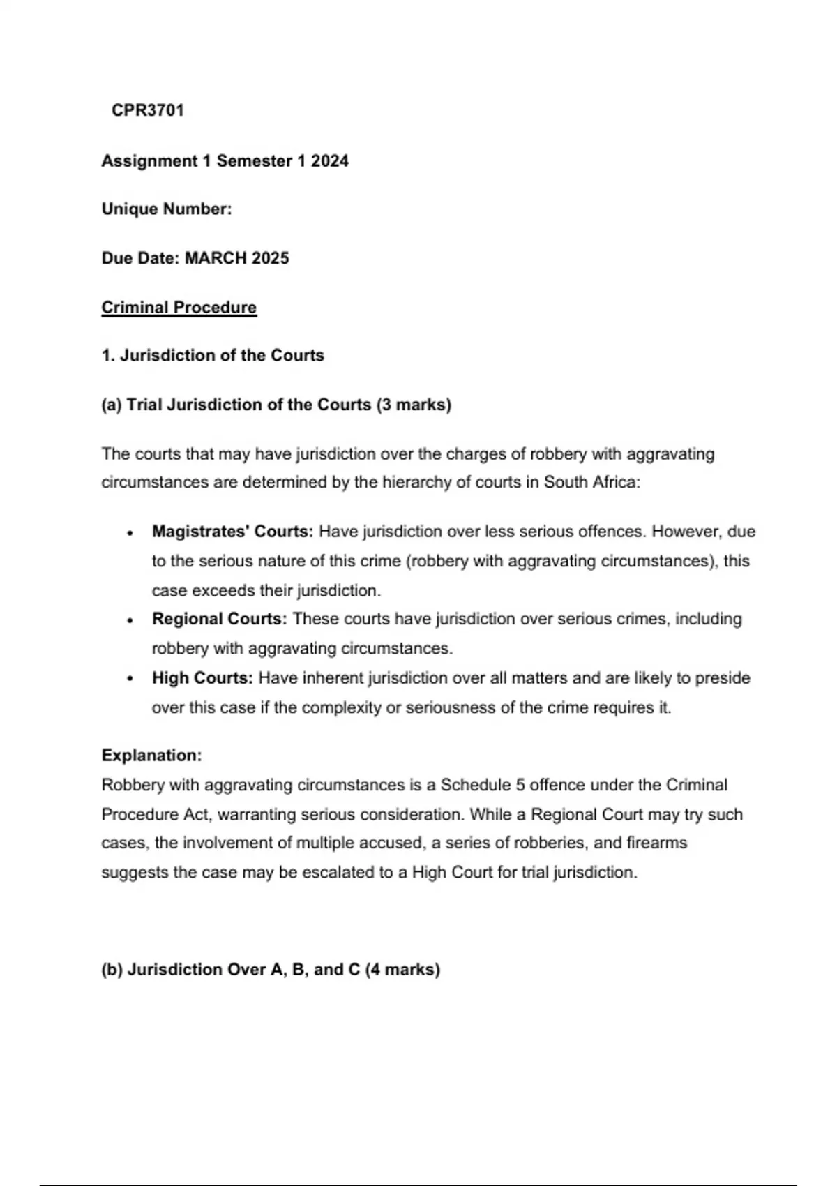 CPR3701 Semester 1 2025 Assignment 1 - Criminal Procedure - Stuvia SA