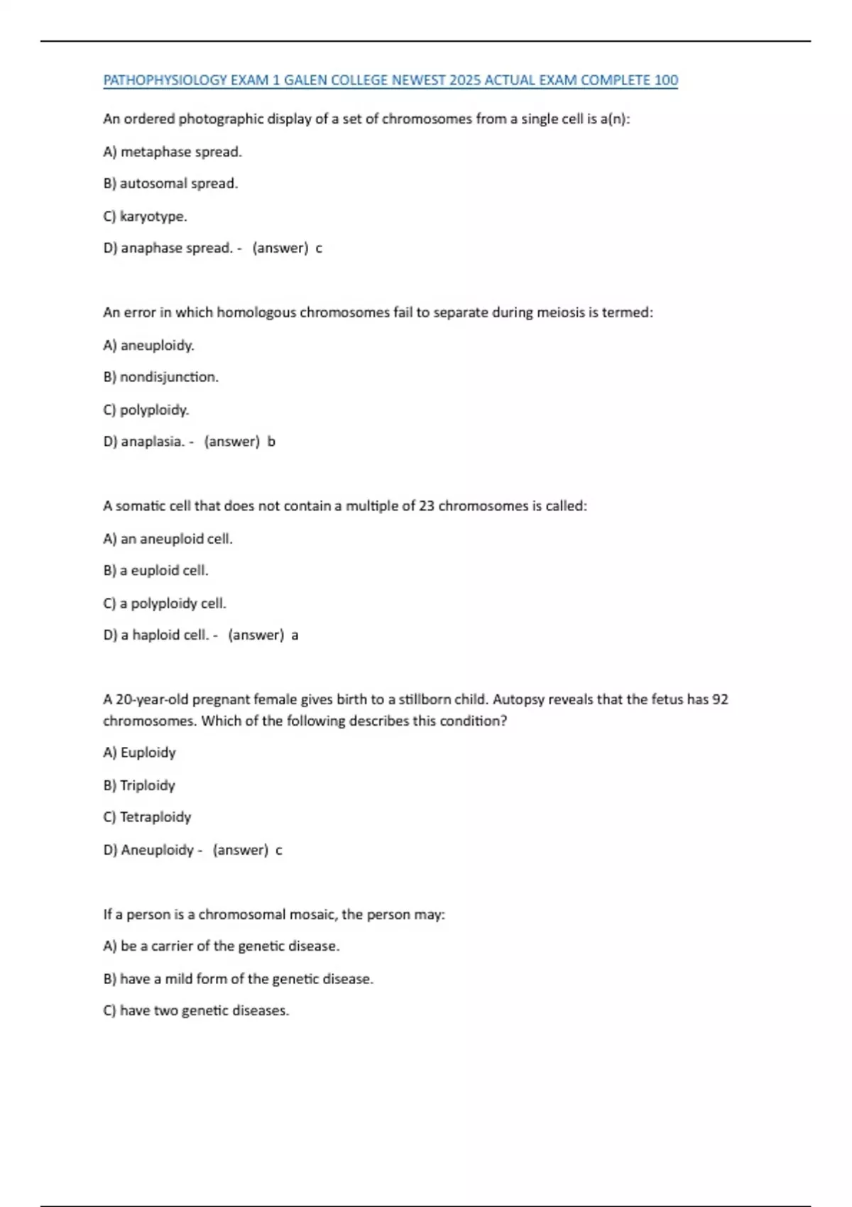 PATHOPHYSIOLOGY EXAM 1 GALEN COLLEGE NEWEST 2025 ACTUAL EXAM COMPLETE ...