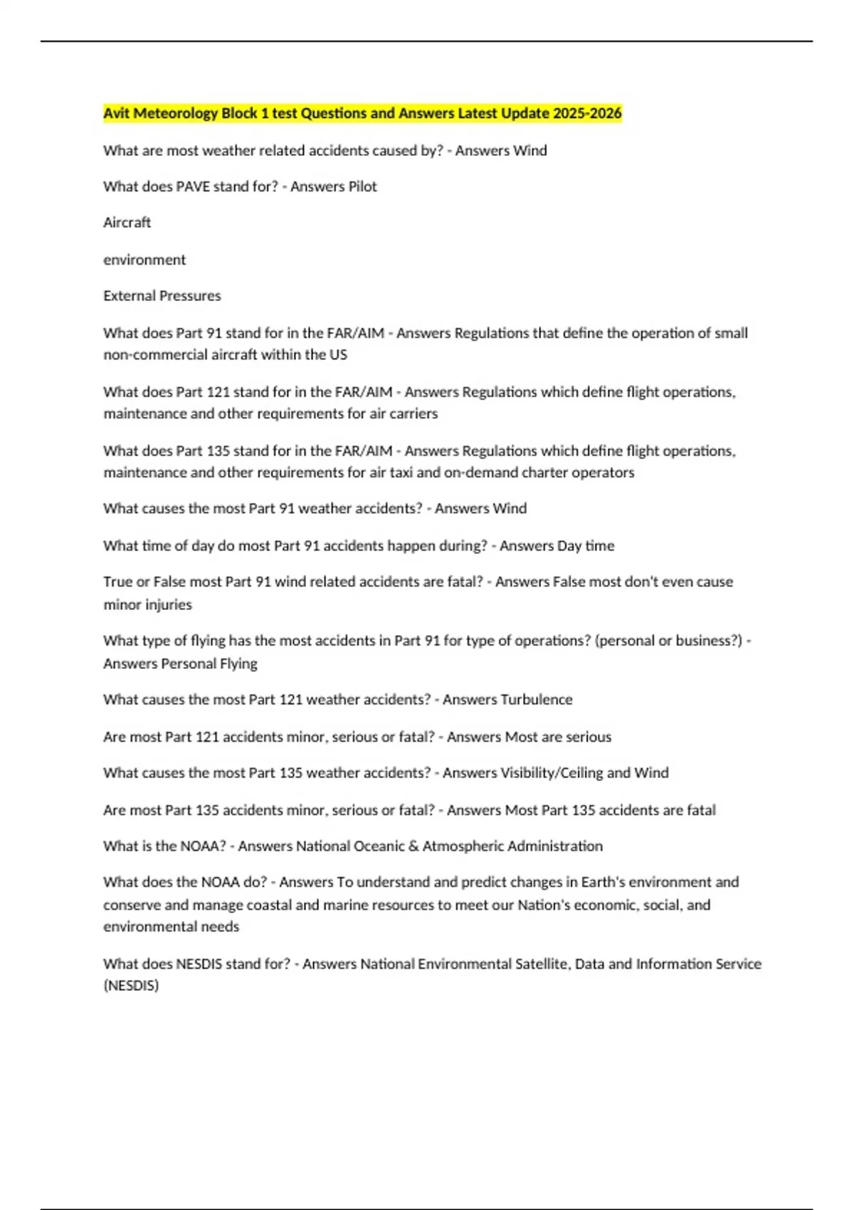 Avit Meteorology Block 1 test Questions and Answers Latest Update ...