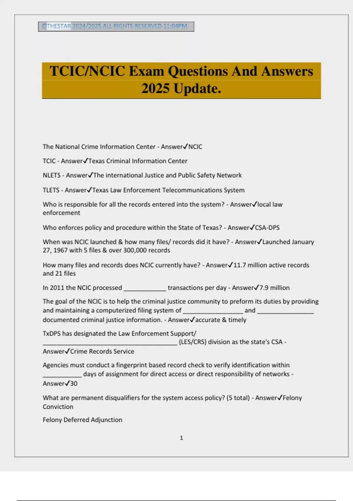 TCIC/NCIC Exam Questions And Answers 2025 Update. - TCIC/NCIC - Stuvia US