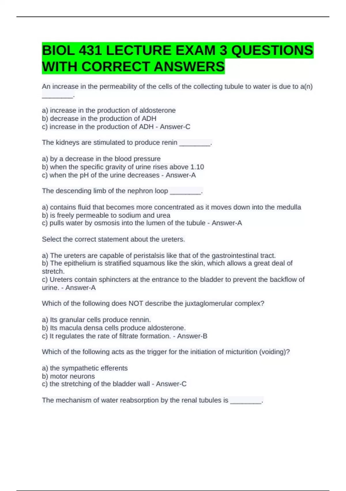 BIOL 431 LECTURE EXAM 3 QUESTIONS WITH CORRECT ANSWERS - BIO 431 ...