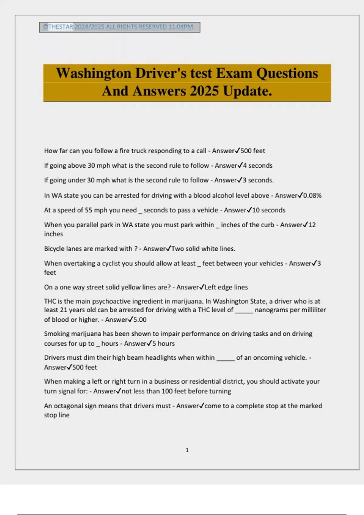 Washington Driver's test Exam Questions And Answers 2025 Update ...