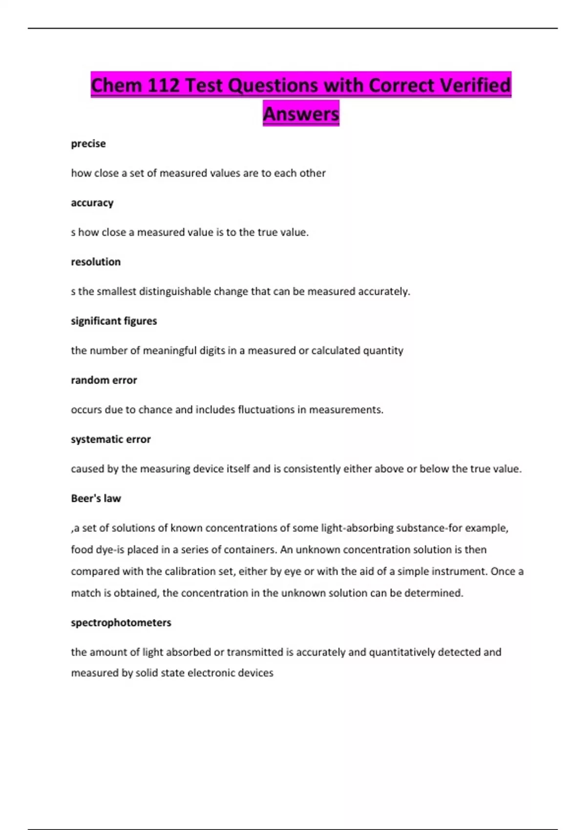 Chem 112 Test Questions with Correct Verified Answers - Chem 112 ...
