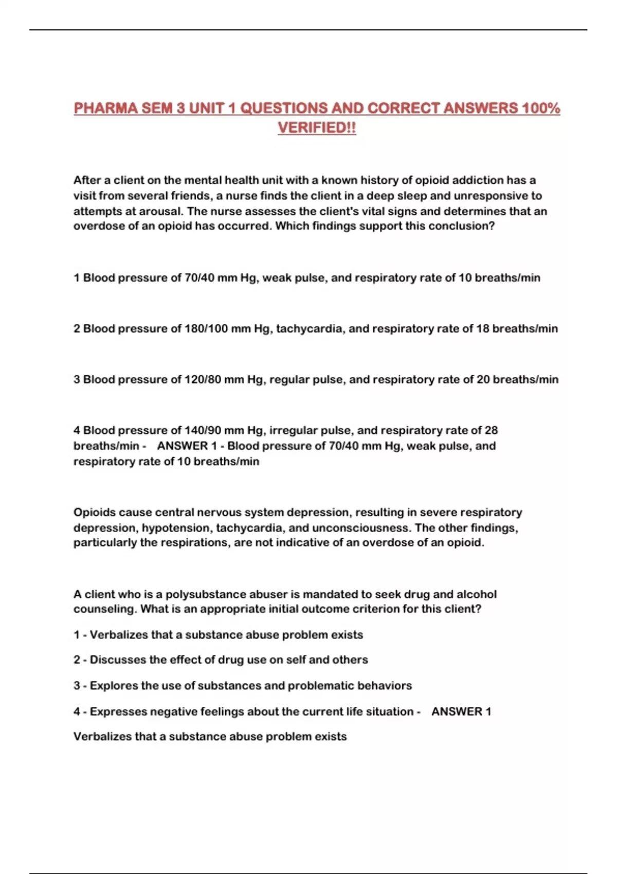 PHARMA SEM 3 UNIT 1 QUESTIONS AND CORRECT ANSWERS 100% VERIFIED ...