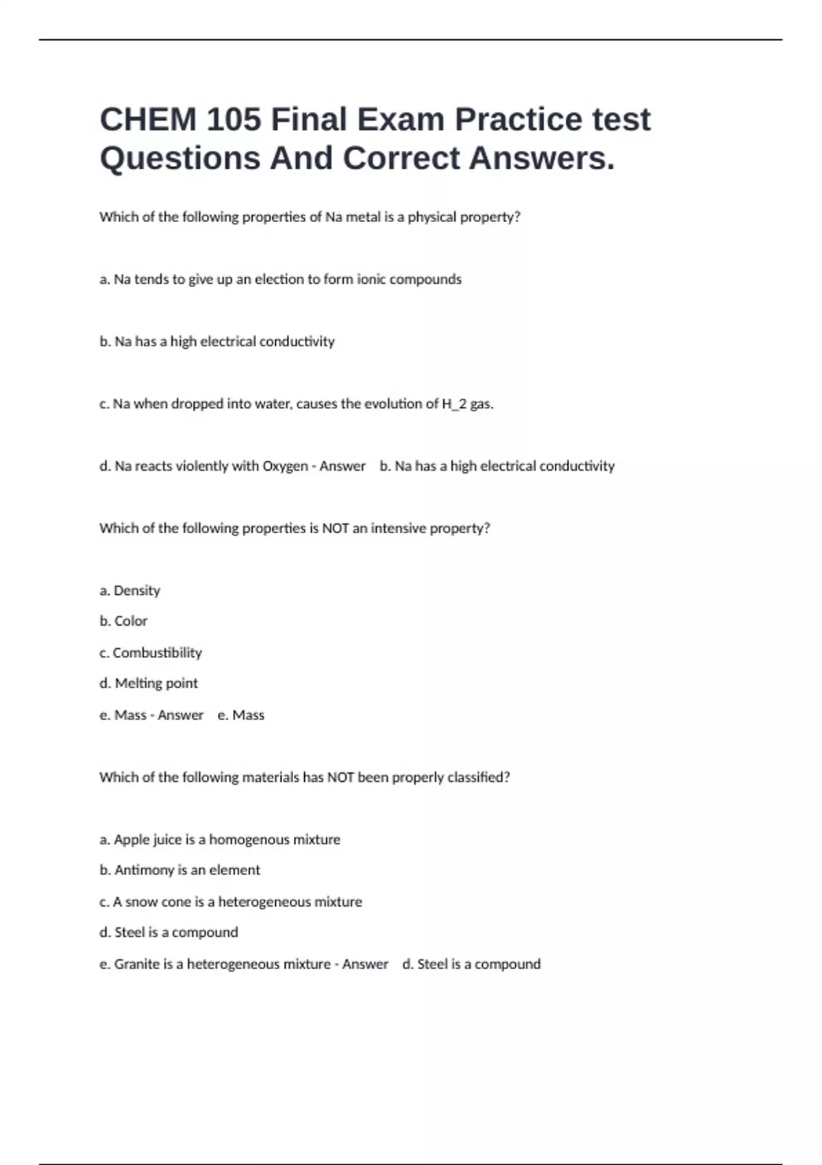 CHEM 105 Final Exam Practice test Questions And Correct Answers ...