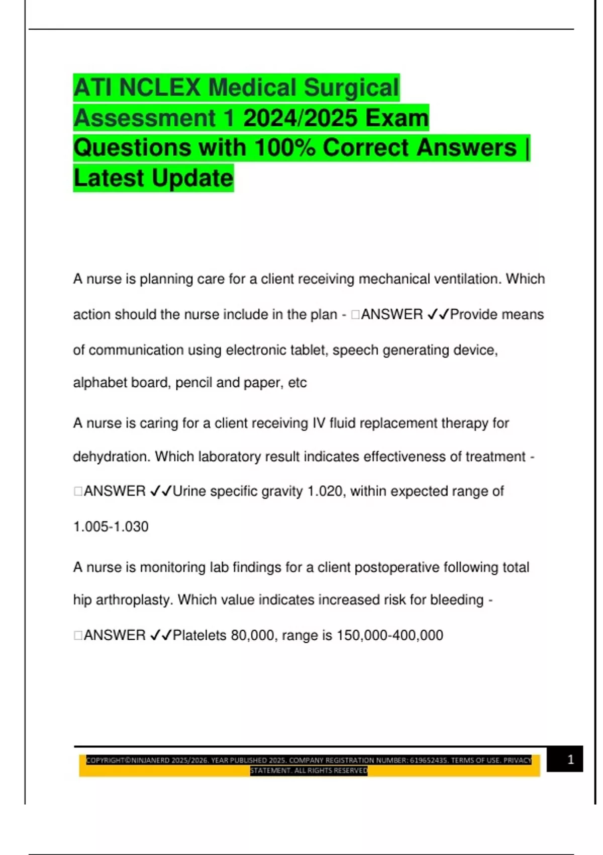 ATI NCLEX Medical Surgical Assessment 1 2024/2025 Exam Questions with ...
