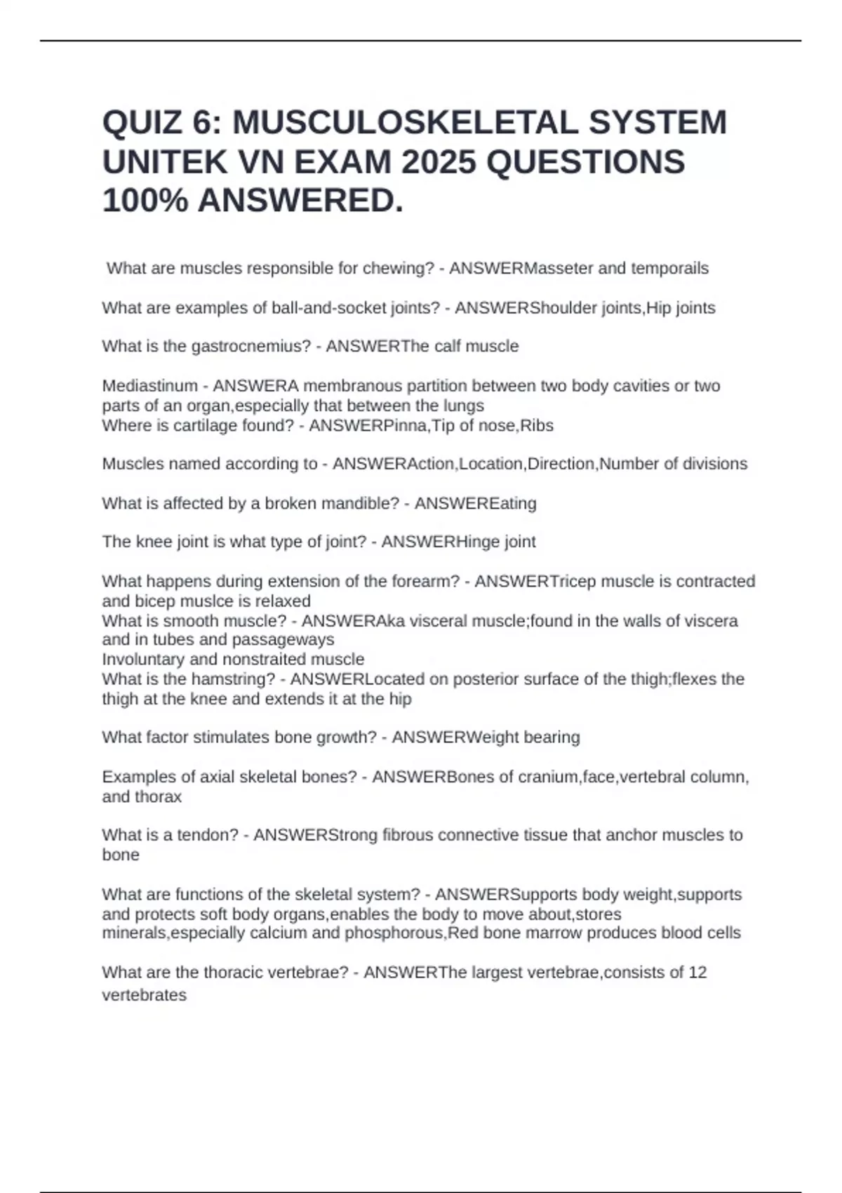 QUIZ 6: MUSCULOSKELETAL SYSTEM UNITEK VN EXAM 2025 QUESTIONS 100% ...