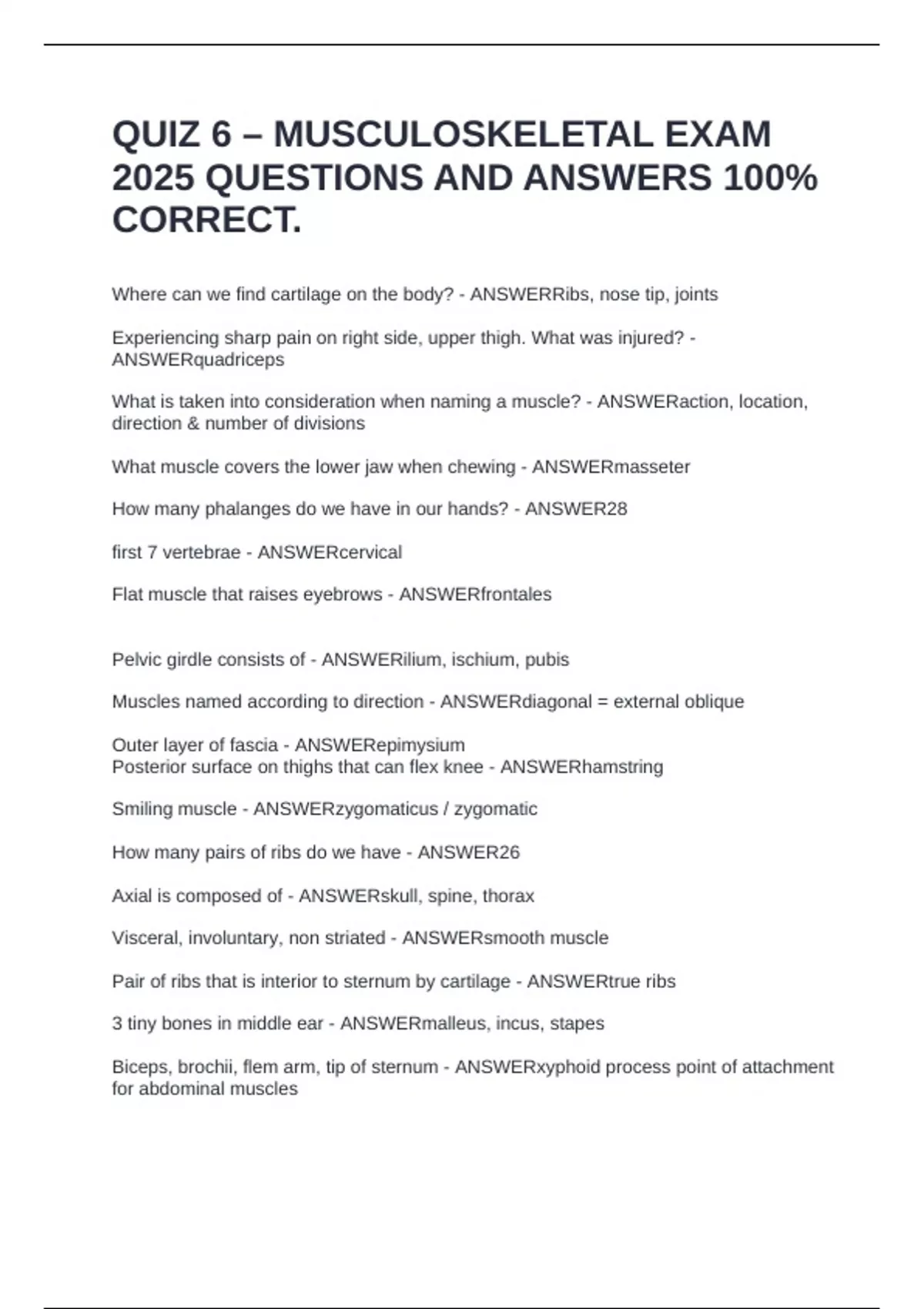 QUIZ 6 – MUSCULOSKELETAL EXAM 2025 QUESTIONS AND ANSWERS 100% CORRECT ...