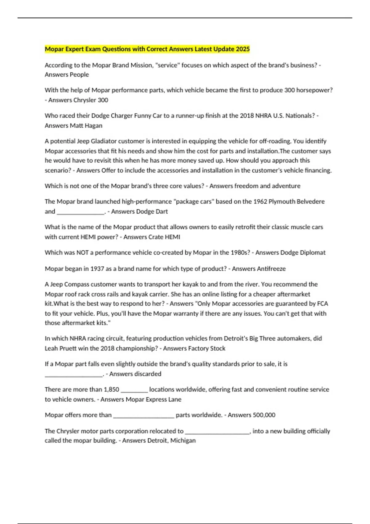 Mopar Expert Exam Questions with Correct Answers Latest Update 2025 ...