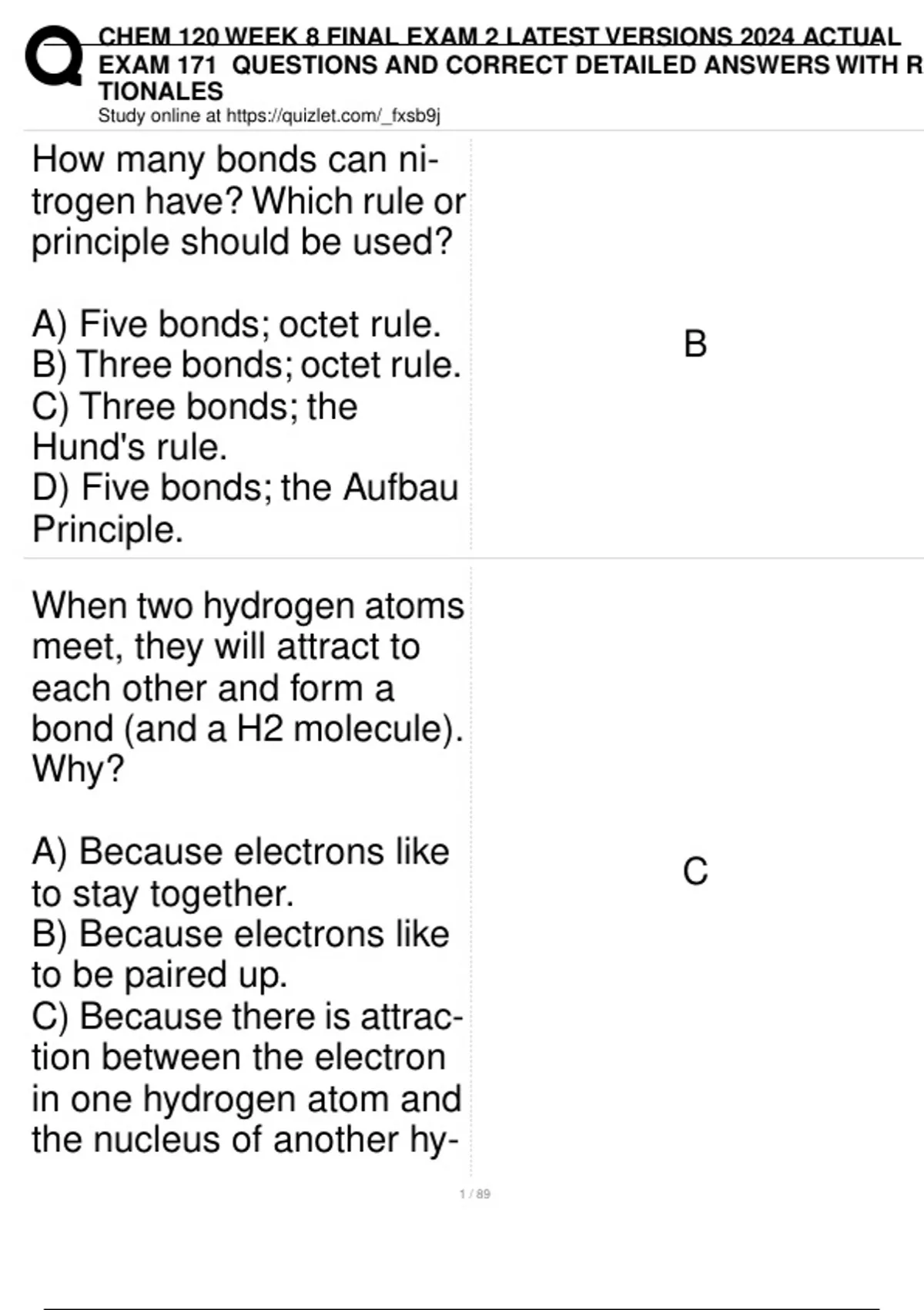 Chem 120 Week 8 Final Exam 2 Latest Versions 2024 Actual Exam 171