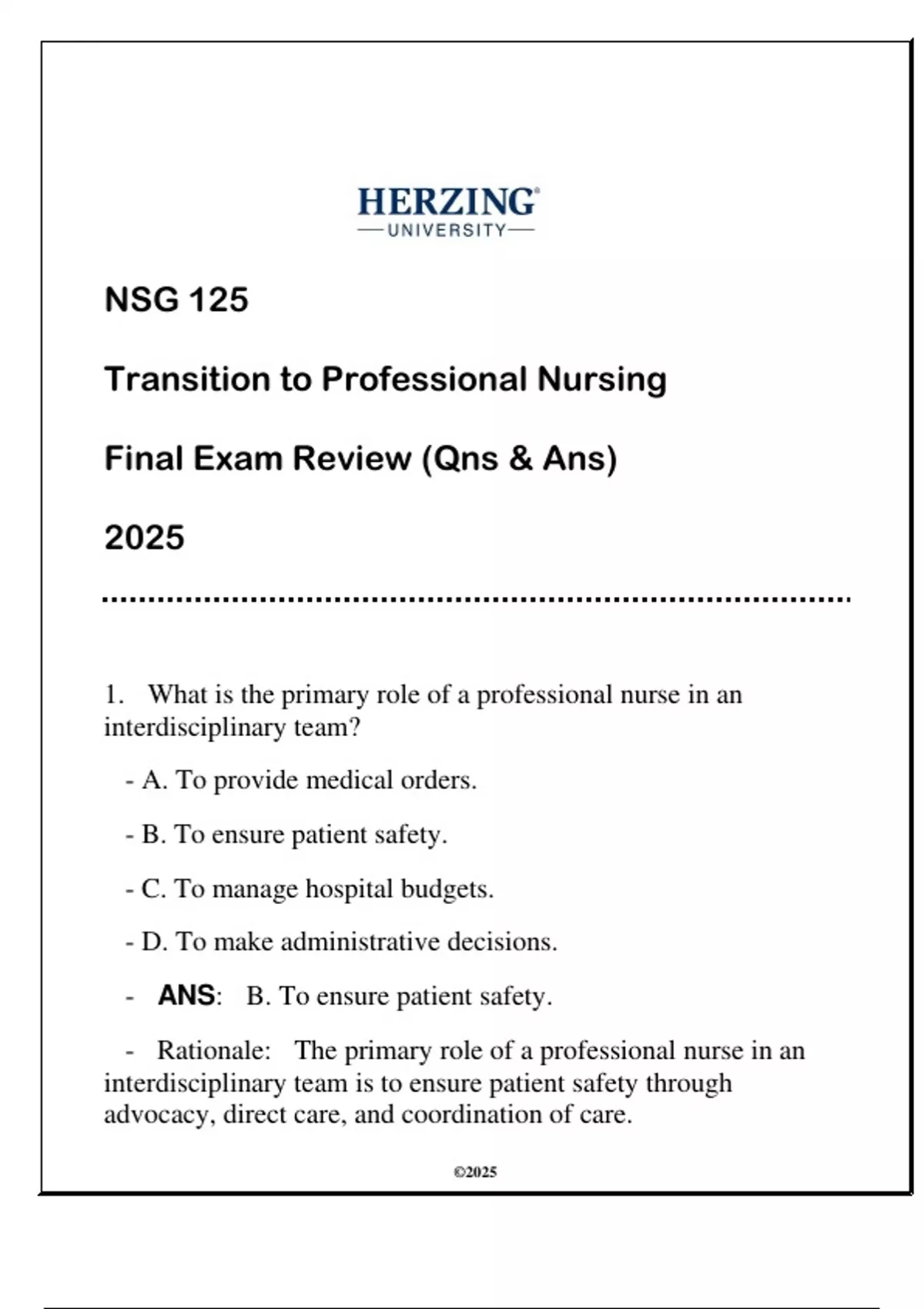 NSG 125 Transition to Professional Nursing (HU) Final Exam Review 2025 ...