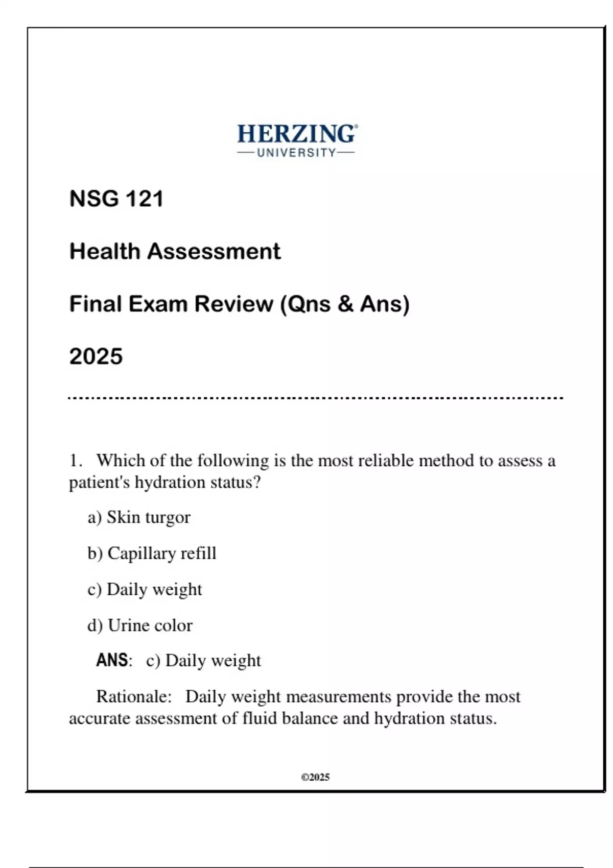 NSG 121 Health Assessment (HU) Final Exam Review 2025 (Qns & Ans)NSG ...