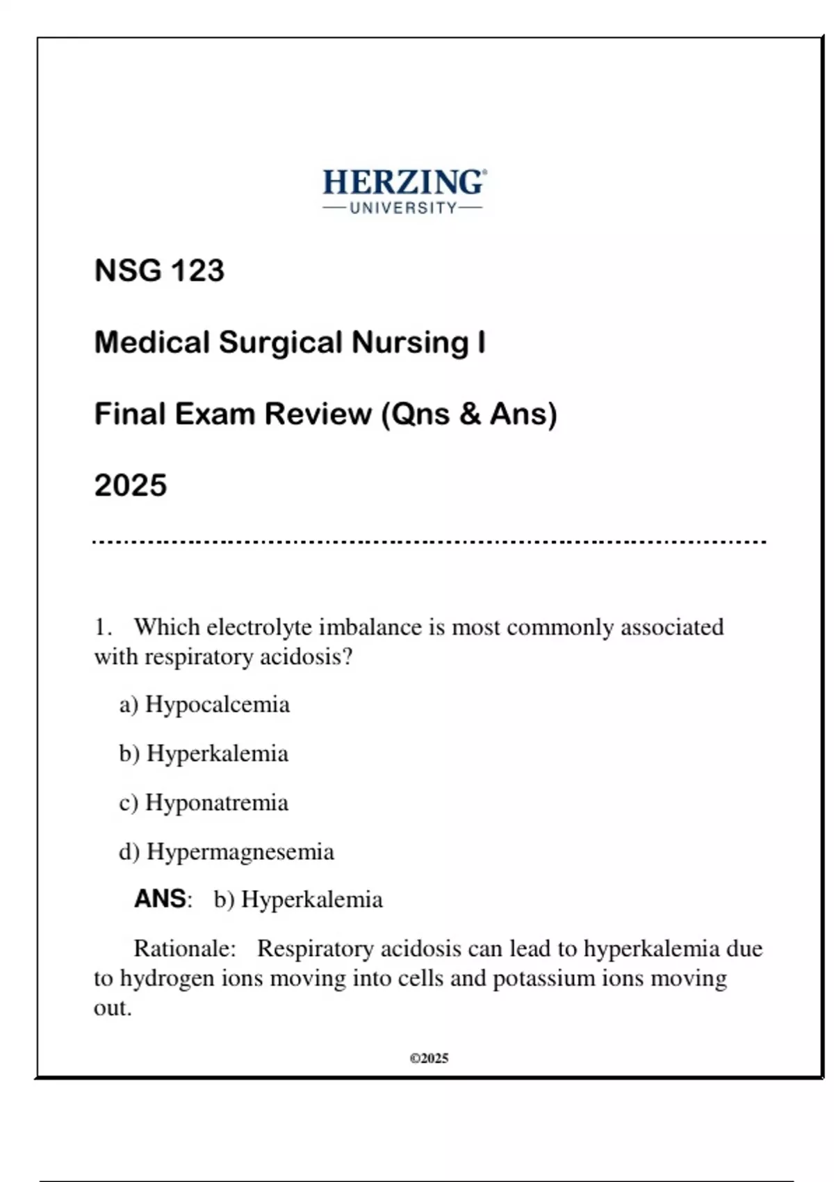 NSG 123 Medical Surgical Nursing I (HU) Final Exam Review 2025 (Qns ...