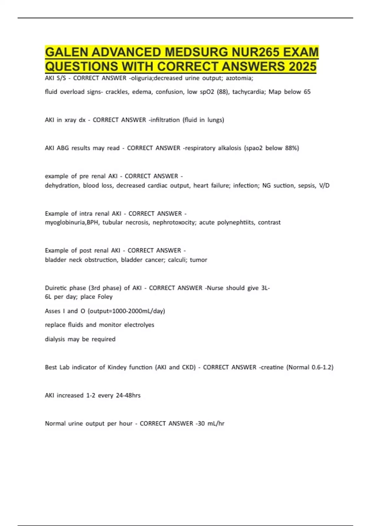 GALEN ADVANCED MEDSURG NUR265 EXAM QUESTIONS WITH CORRECT ANSWERS 2025 ...