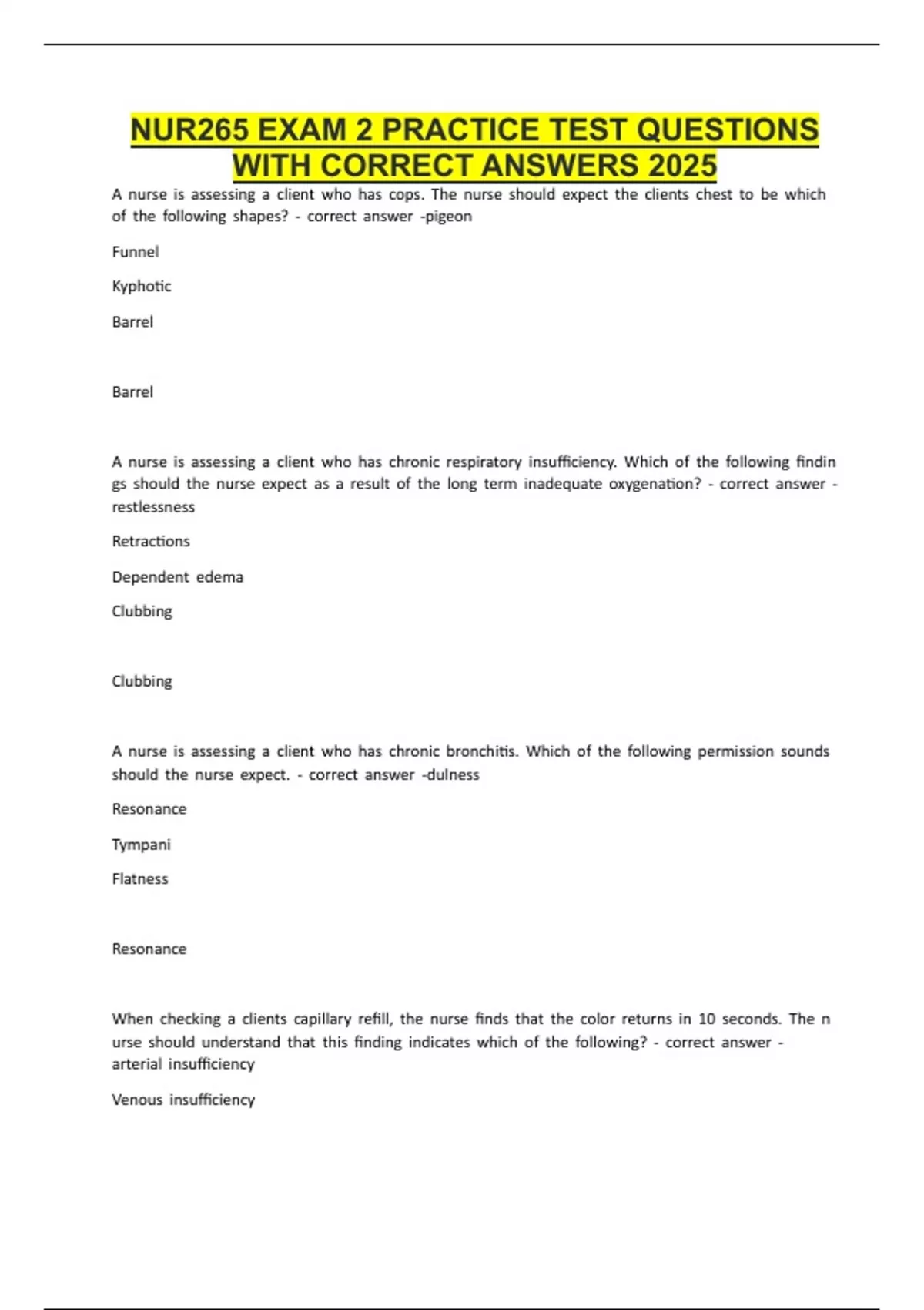 NUR265 EXAM 2 PRACTICE TEST QUESTIONS WITH CORRECT ANSWERS 2025 - NUR ...