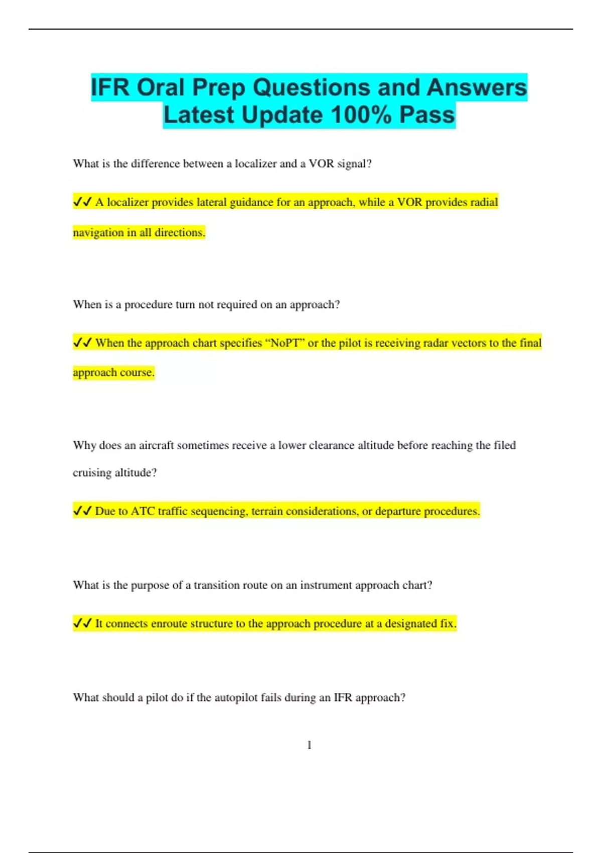 IFR Oral Prep Questions and Answers Latest Update 100% Pass - IFR Oral ...