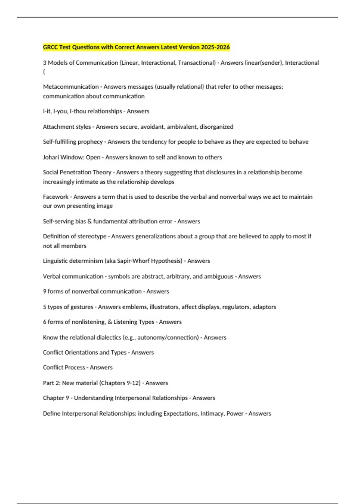 GRCC Test Questions with Correct Answers Latest Version - GRCC - Stuvia US