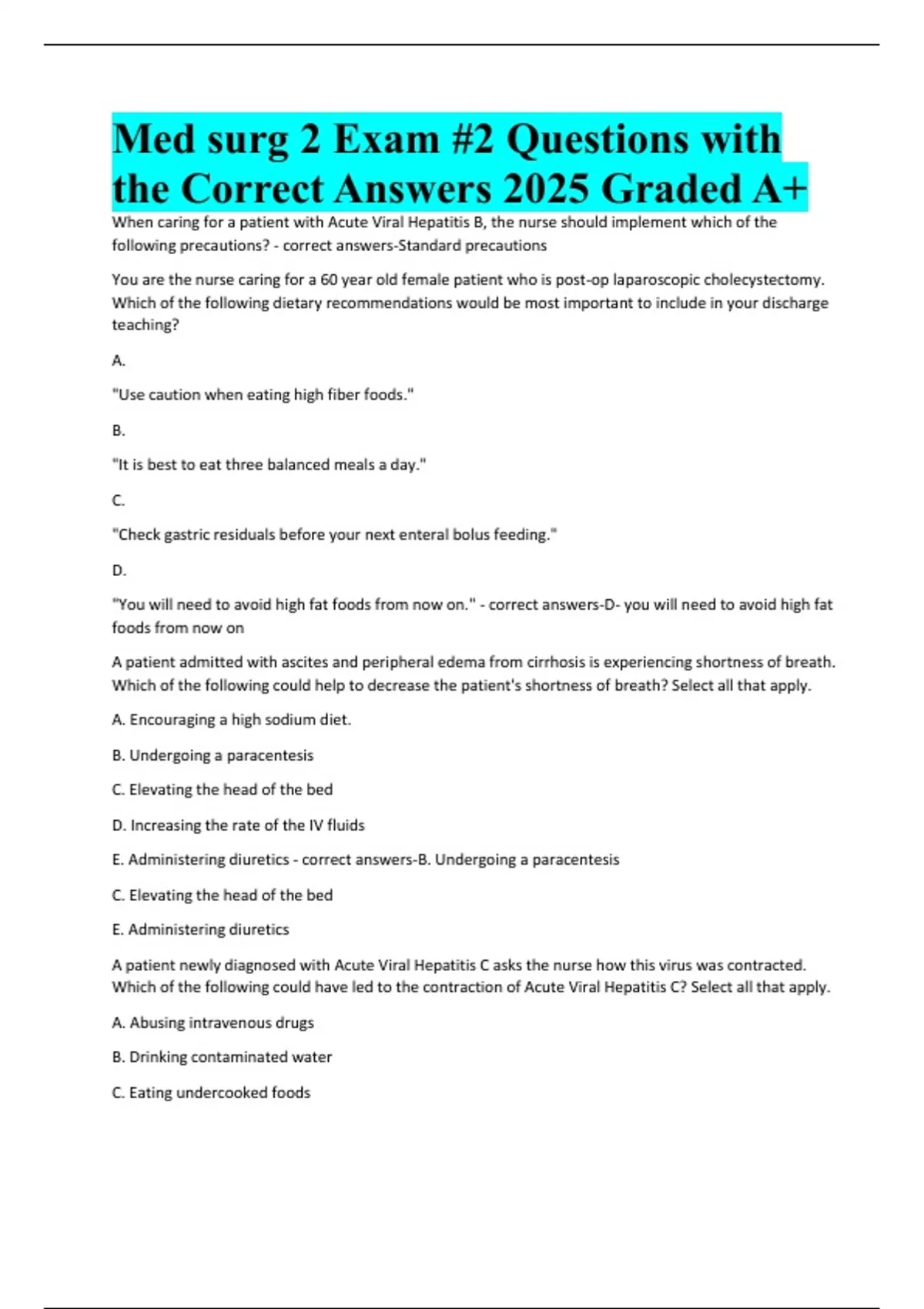 Med surg 2 Exam #2 Questions with the Correct Answers 2025 Graded A+ ...