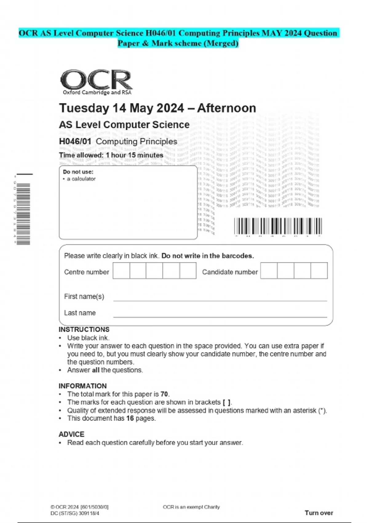 OCR AS Level Computer Science H046/01 Computing Principles MAY 2024 ...