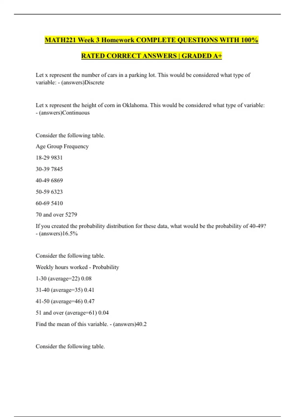 MATH221 Week 3 Homework COMPLETE QUESTIONS WITH 100% RATED CORRECT ...