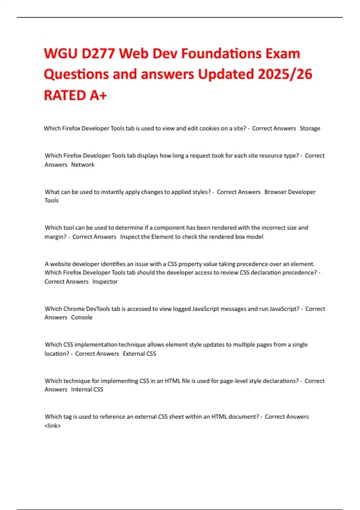 WGU D277 Web Dev Foundations Exam Questions and answers Updated 2025/26 ...