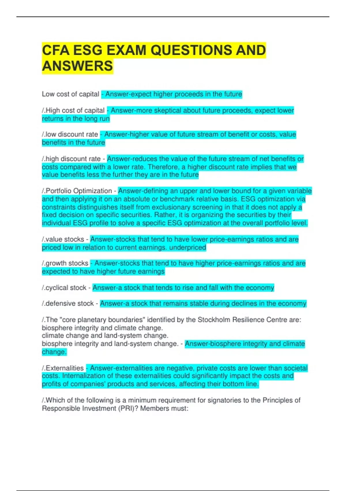 CFA ESG EXAM QUESTIONS AND ANSWERS - CFA ESG - Stuvia SA